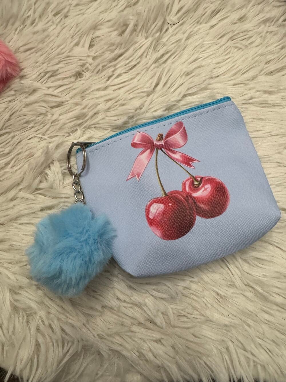 Blue & pink cherry coin purse keychain with pink bow and blue pom pom